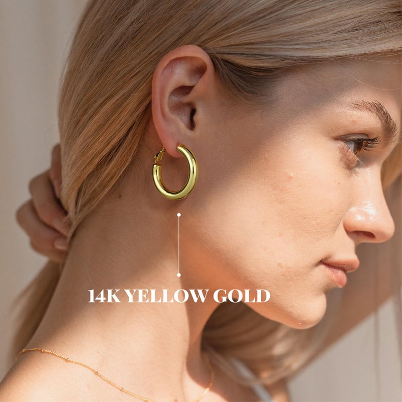 SHOWNII Chunky Gold Hoop Earrings - 14K Gold Plated Earrings for Women Hollow Tube Thick Hoops Graduation Gifts for Her - Image 3